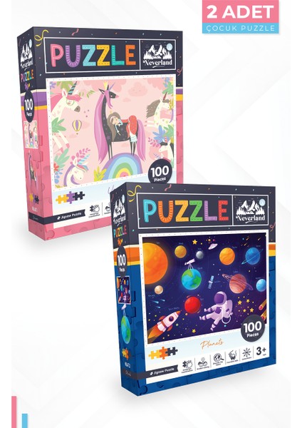 2 Adet 100 Parça Puzzle - Unıcorn ve Gezegenler