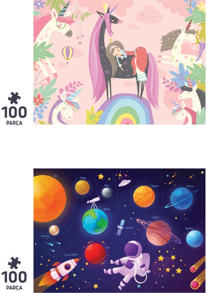 2 Adet 100 Parça Puzzle - Unıcorn ve Gezegenler
