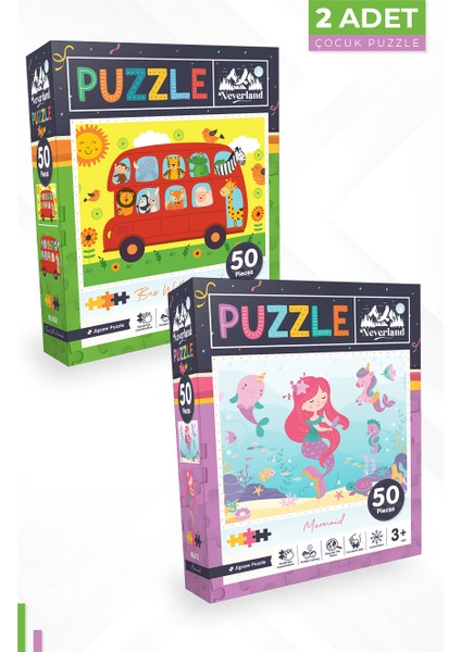 2 Adet 50 Parça Puzzle - Hayvanlarla Otobüs ve Deniz Kızı