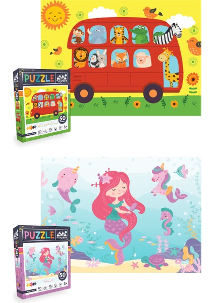 2 Adet 50 Parça Puzzle - Hayvanlarla Otobüs ve Deniz Kızı