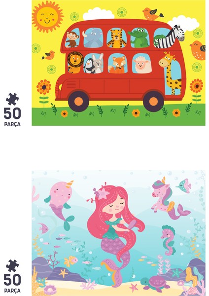 2 Adet 50 Parça Puzzle - Hayvanlarla Otobüs ve Deniz Kızı
