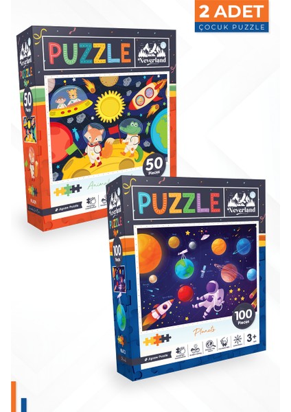 2 Adet Puzzle - 50 Parça Ay Hayvanları ve 100 Parça Gezegenler