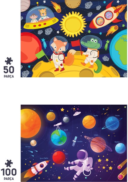 2 Adet Puzzle - 50 Parça Ay Hayvanları ve 100 Parça Gezegenler