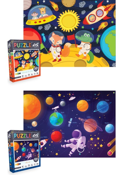 2 Adet Puzzle - 50 Parça Ay Hayvanları ve 100 Parça Gezegenler