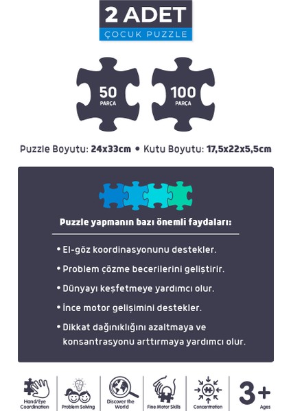 2 Adet Puzzle - 50 Parça Ay Hayvanları ve 100 Parça Gezegenler