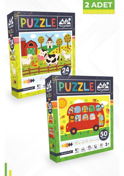 2 Adet Puzzle - 24 Parça Çiftlik Hayvanları ve 50 Parça Hayvanlarla Otobüs