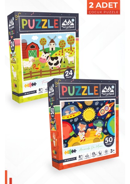 2 Adet Puzzle - 24 Parça Çiftlik Hayvanları ve 50 Parça Ay Hayvanları