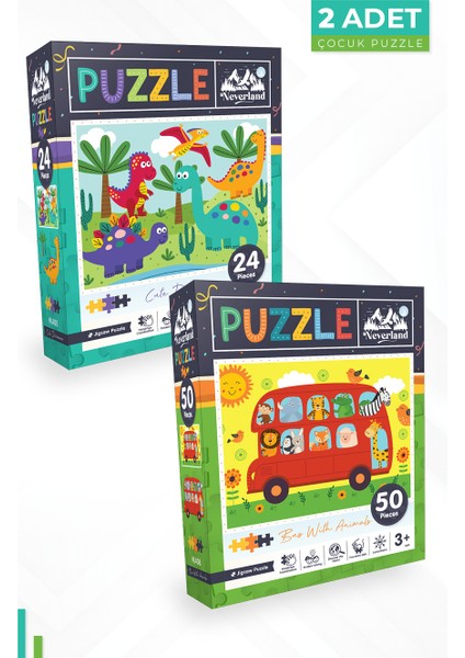 2 Adet Puzzle - 24 Parça Sevimli Dinozorlar ve 50 Parça Hayvanlarla Otobüs