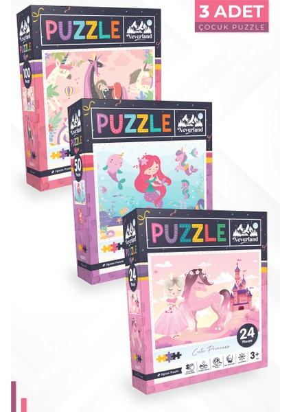 3 Adet Puzzle - 24 Parça Sevimli Prenses ve 50 Parça Deniz Kızı ve 100 Parça Tek Boynuzlu At