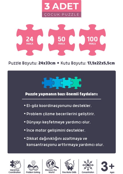 3 Adet Puzzle - 24 Parça Sevimli Prenses ve 50 Parça Deniz Kızı ve 100 Parça Tek Boynuzlu At