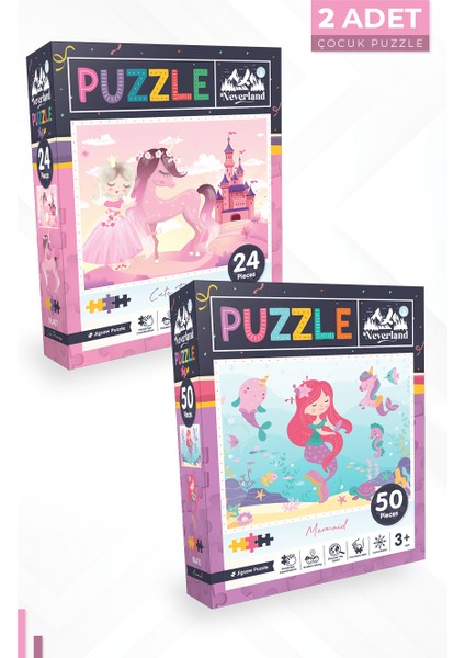 2 Adet Puzzle - 24 Parça Sevimli Prenses ve 50 Parça Deniz Kızı