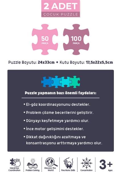 2 Adet Puzzle - 24 Parça Sevimli Prenses ve 50 Parça Deniz Kızı