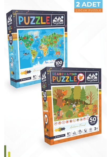 2 Adet Puzzle - 100 Parça Hayvan Dünya Haritası ve 50 Parça Sonbahar Ormanı