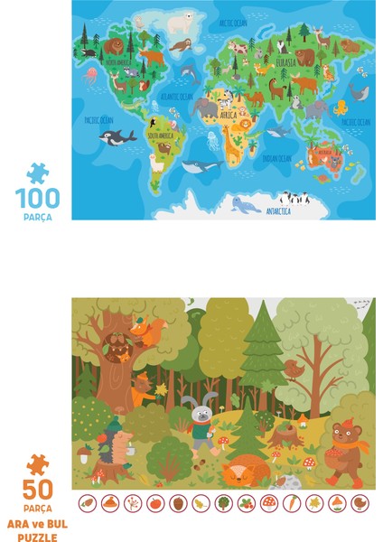 2 Adet Puzzle - 100 Parça Hayvan Dünya Haritası ve 50 Parça Sonbahar Ormanı fiyatları