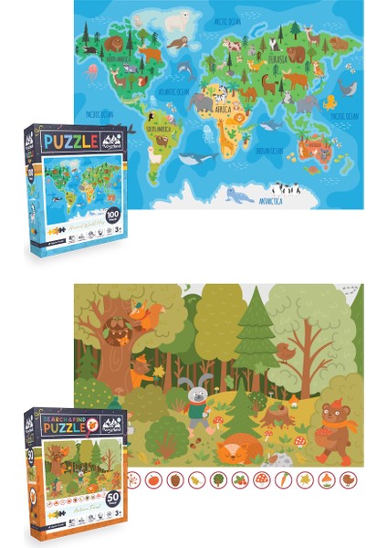 2 Adet Puzzle - 100 Parça Hayvan Dünya Haritası ve 50 Parça Sonbahar Ormanı modelleri