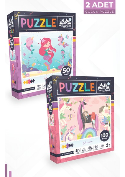 2 Adet Puzzle - 50 Parça Deniz Kızı ve 100 Parça Tek Boynuzlu At