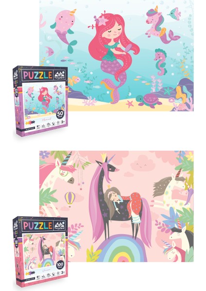 2 Adet Puzzle - 50 Parça Deniz Kızı ve 100 Parça Tek Boynuzlu At