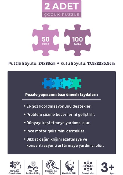 2 Adet Puzzle - 50 Parça Deniz Kızı ve 100 Parça Tek Boynuzlu At