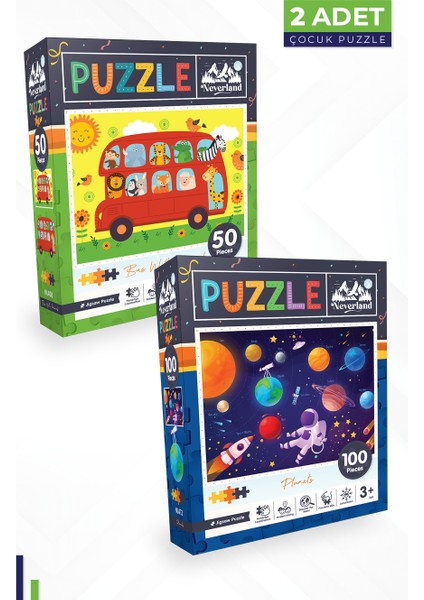 2 Adet Puzzle - 50 Parça Hayvanlarla Otobüs ve 100 Parça Gezegenler