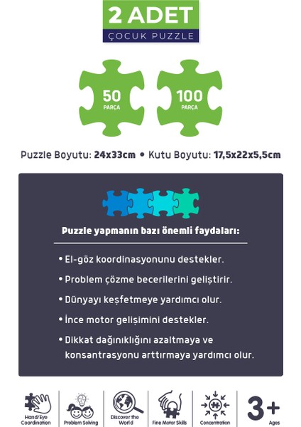 2 Adet Puzzle - 50 Parça Hayvanlarla Otobüs ve 100 Parça Gezegenler