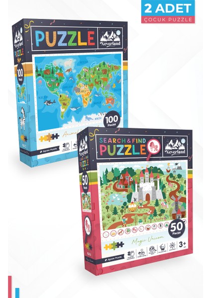 2 Adet Puzzle - 100 Parça Hayvan Dünya Haritası ve 50 Parça Sihirli Tek Boynuzlu At