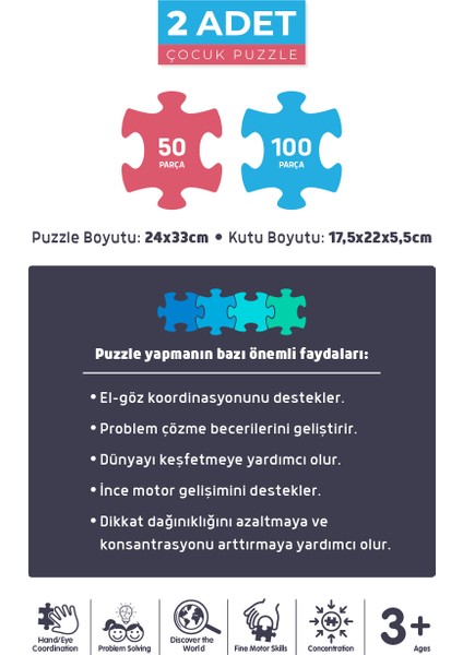 2 Adet Puzzle - 100 Parça Hayvan Dünya Haritası ve 50 Parça Sihirli Tek Boynuzlu At