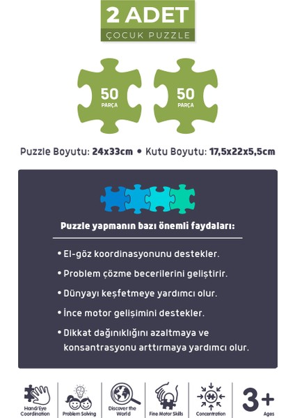 2 Adet Puzzle 50 Parça Hayvanlarla Otobüs ve 50 Parça Çiftlik Arkadaşları