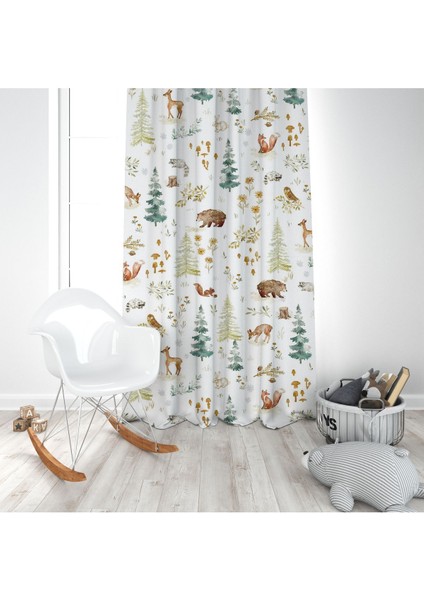Kış Hayvanları, Yeşil, Kahverengi, Mavi, Ithal Kumaş, Çocuk Odası, Genç Odası Fon Perde - 1 Kanat modelleri