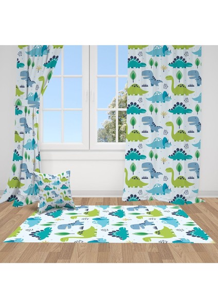 Sulu Boya Dinazorlar, Mavi, Yeşil, Ithal Kumaş, Çocuk ve Bebek Odası Fon Perde - 1 Kanat