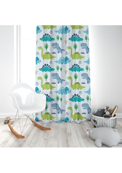 Sulu Boya Dinazorlar, Mavi, Yeşil, Ithal Kumaş, Çocuk ve Bebek Odası Fon Perde - 1 Kanat modelleri