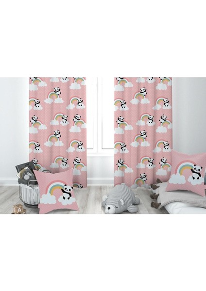 Gökkuşağı ve Panda, Pembe, Ithal Kumaş, Çocuk ve Bebek Odası Fon Perde - 1 Kanat