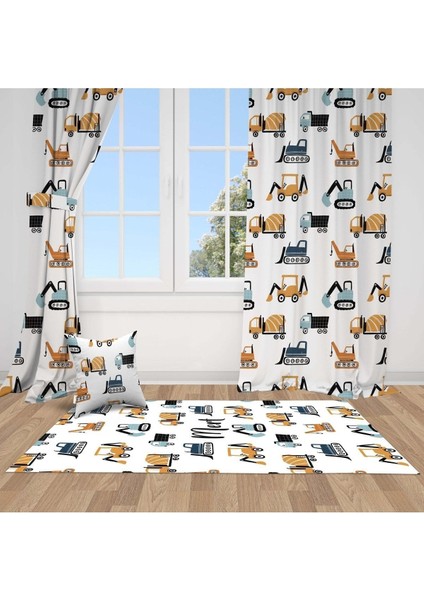 Renkli Kamyon ve Traktör, Beyaz, Kahverengi, Ithal Kumaş, Çocuk ve Bebek Odası Fon Perde - 1 Kanat