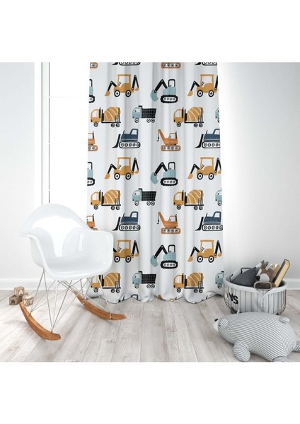 Renkli Kamyon ve Traktör, Beyaz, Kahverengi, Ithal Kumaş, Çocuk ve Bebek Odası Fon Perde - 1 Kanat modelleri