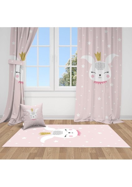 Prenses Tavşan, Pembe, Beyaz, Ithal Kumaş, Çocuk ve Bebek Odası Fon Perde - 1 Kanat