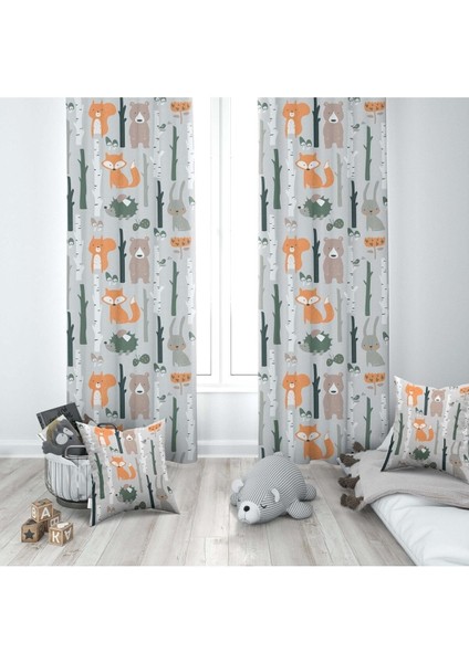 Orman, Ayı ve Tilki, Gri, Turuncu, Ithal Kumaş, Çocuk ve Bebek Odası Fon Perde - 1 Kanat