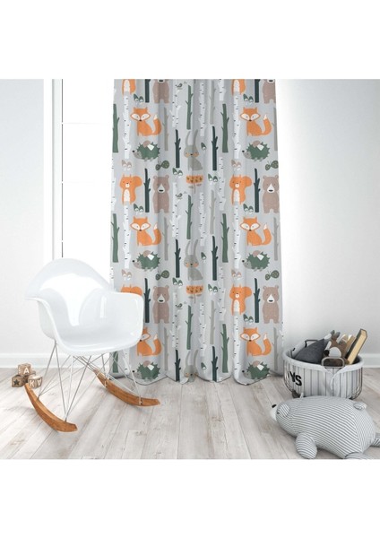 Orman, Ayı ve Tilki, Gri, Turuncu, Ithal Kumaş, Çocuk ve Bebek Odası Fon Perde - 1 Kanat modelleri