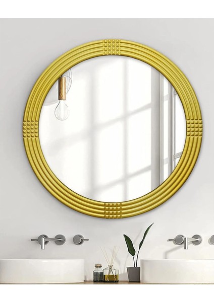 Safir Gold Dekoratif Ayna Yuvarlak Ayna Işlemeli Ahşap Duvar Aynası Tekli - 69 cm