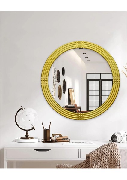 Safir Gold Dekoratif Ayna Yuvarlak Ayna Işlemeli Ahşap Duvar Aynası Tekli - 69 cm