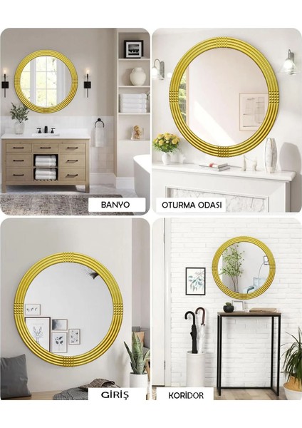 Safir Gold Dekoratif Ayna Yuvarlak Ayna Işlemeli Ahşap Duvar Aynası Tekli - 69 cm