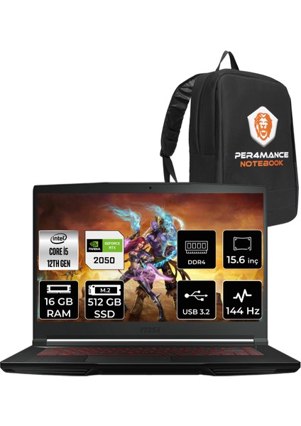 Msı Thin GF63 Intel Core I5 12450H 16GB 512GB SSD RTX2050/4GB 15.6" Fhd 144Hz Fdos Taşınabilir Bilgisayar 12UCX-427XTR & Per4 Çanta 12UCX427XTRP312