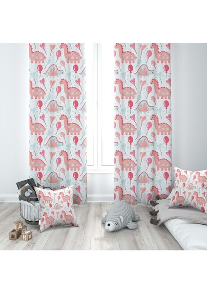 Sevimli Dinazorlar, Pembe, Beyaz, Çocuk ve Bebek Odası Fon Perde 1 Kanat