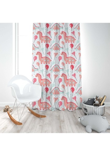 Sevimli Dinazorlar, Pembe, Beyaz, Çocuk ve Bebek Odası Fon Perde 1 Kanat modelleri