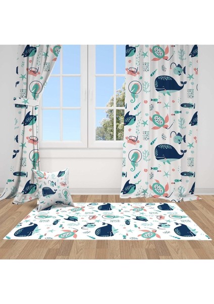 Mavi Deniz Altı Hayvanları, Beyaz, Mavi, Ithal Kumaş, Çocuk ve Bebek Odası Fon Perde - 1 Kanat