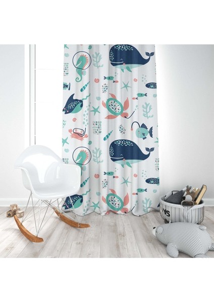 Mavi Deniz Altı Hayvanları, Beyaz, Mavi, Ithal Kumaş, Çocuk ve Bebek Odası Fon Perde - 1 Kanat modelleri