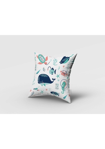 Mavi Deniz Altı Hayvanları, Beyaz, Mavi, Ithal Kumaş, Çocuk ve Bebek Odası Fon Perde - 1 Kanat fırsatları