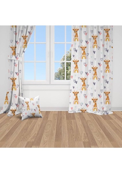 Zürafalar, Beyaz, Turuncu, Sarı, Ithal Kumaş Çocuk ve Bebek Odası Fon Perde - 1 Kanat