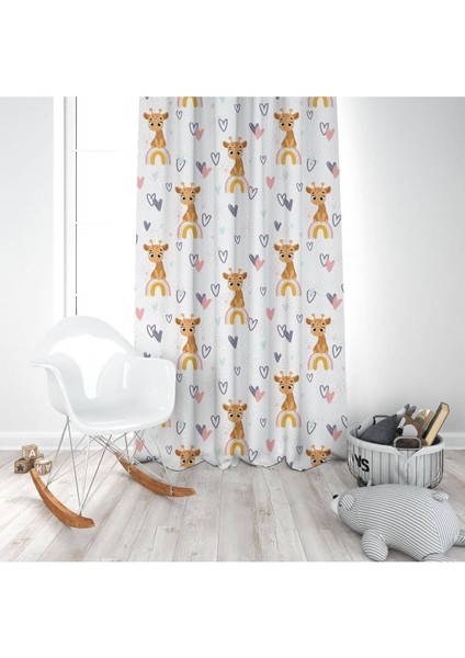 Zürafalar, Beyaz, Turuncu, Sarı, Ithal Kumaş Çocuk ve Bebek Odası Fon Perde - 1 Kanat modelleri
