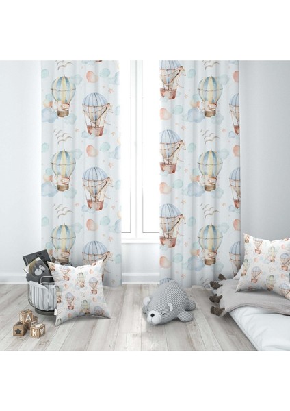 Uçan Balonda Tavşan, Zürafa, Beyaz, Ithal Kumaş, Çocuk ve Bebek Odası Fon Perde - 1 Kanat