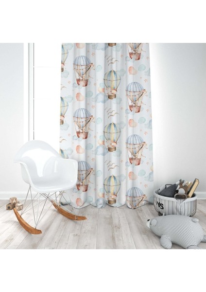 Uçan Balonda Tavşan, Zürafa, Beyaz, Ithal Kumaş, Çocuk ve Bebek Odası Fon Perde - 1 Kanat modelleri