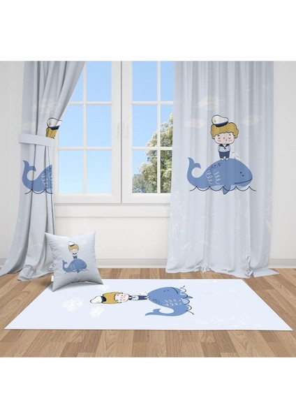 Balina ve Çocuk, Mavi, Ithal Kumaş, Çocuk ve Bebek Odası Fon Perde - 1 Kanat